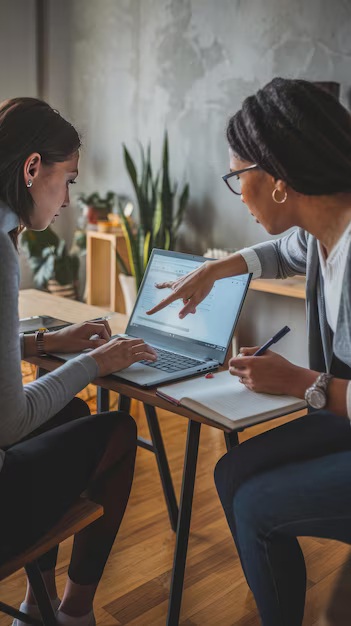 Dos mujeres colaborando en un proyecto, una de ellas señala la pantalla de una computadora portátil mientras la otra toma notas. El entorno es moderno y acogedor, con plantas decorativas y una mesa de trabajo.